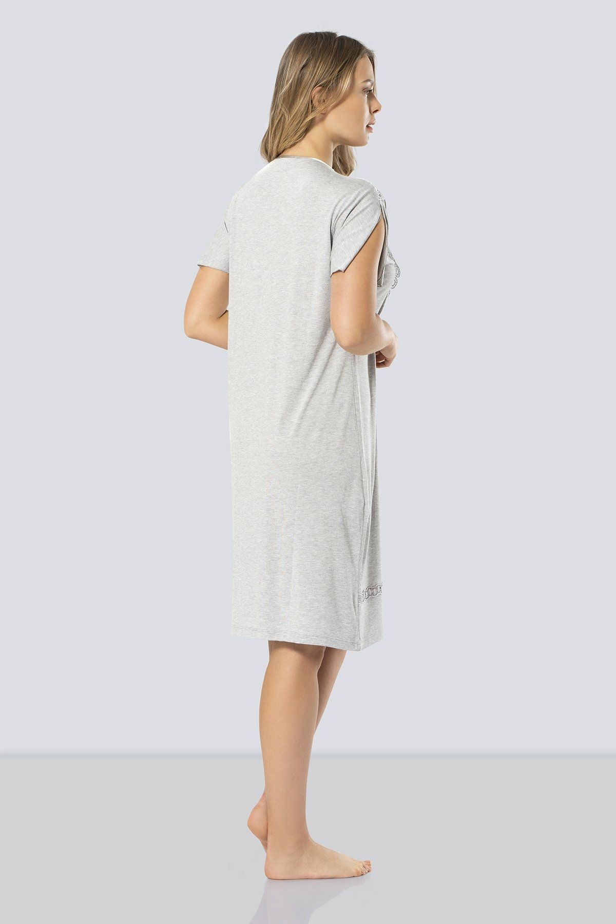 Gri V Yaka Kadın Gecelik Yumuşak Kumaş Türen 3282 - Gri