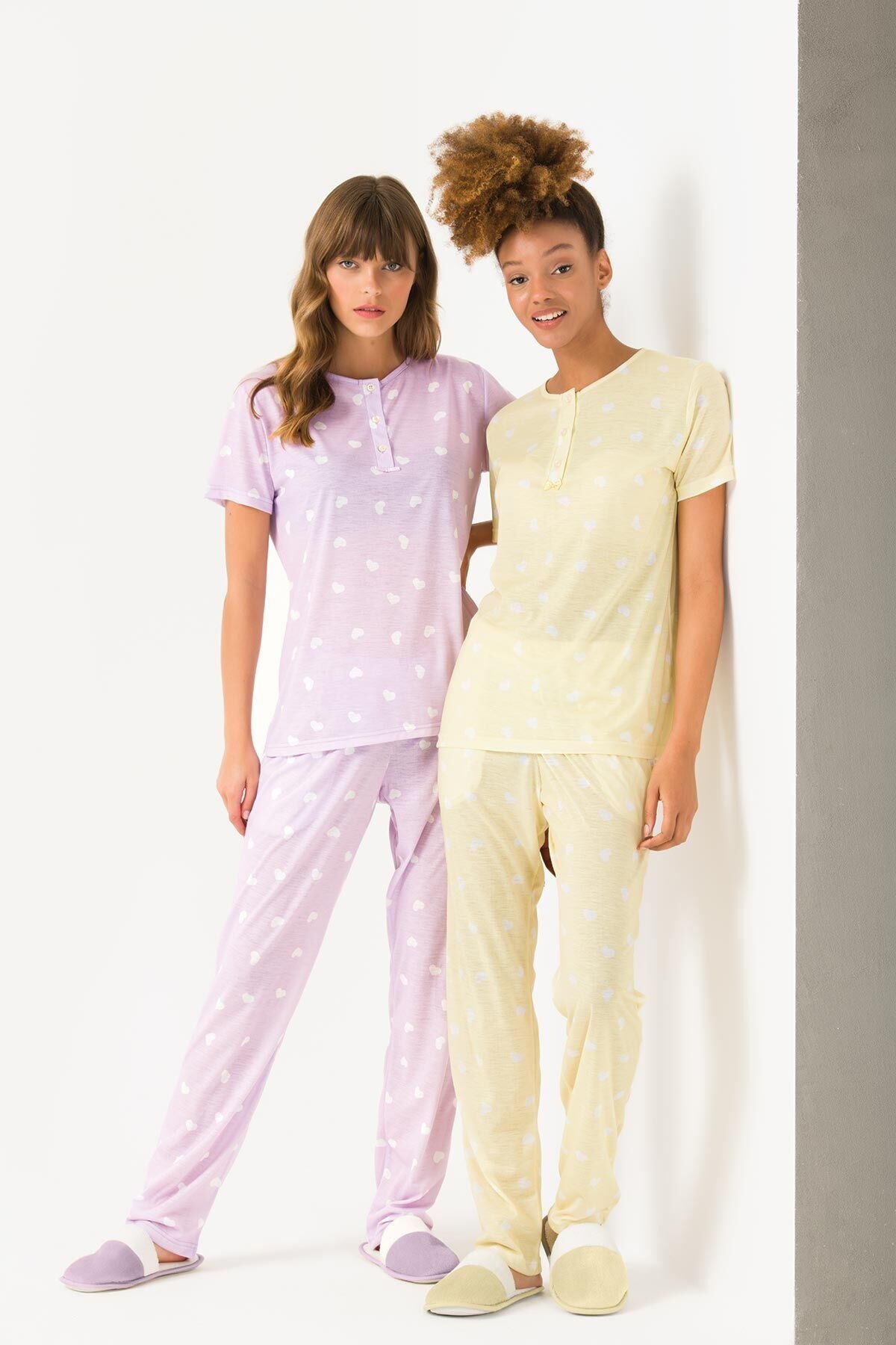 Yeni İnci Kalp Desenli Viskon Patlı Pijama Takımı Yeni İnci 1695