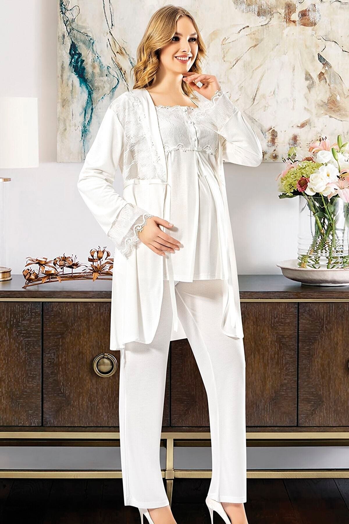 Esnek Bel ve Emzirme Açıklığı Hamile Pijama Takımı XSES 2195 - Ekru