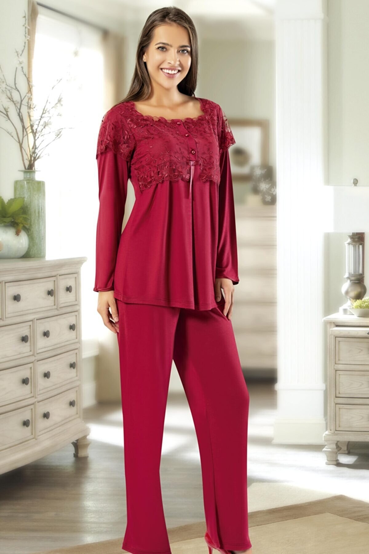 Esnek Bel ve Emzirme Açıklığı Hamile Pijama Takımı XSES 2195 - Bordo