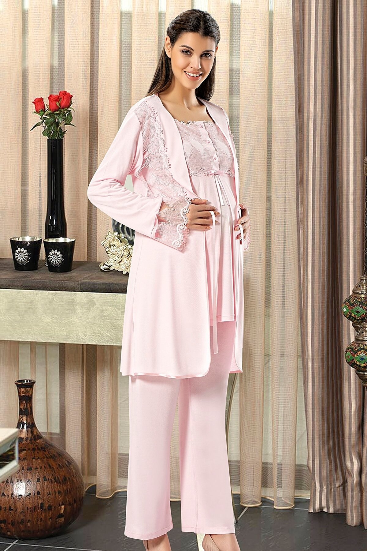 Esnek Bel ve Emzirme Açıklığı Hamile Pijama Takımı XSES 2195 - Pudra