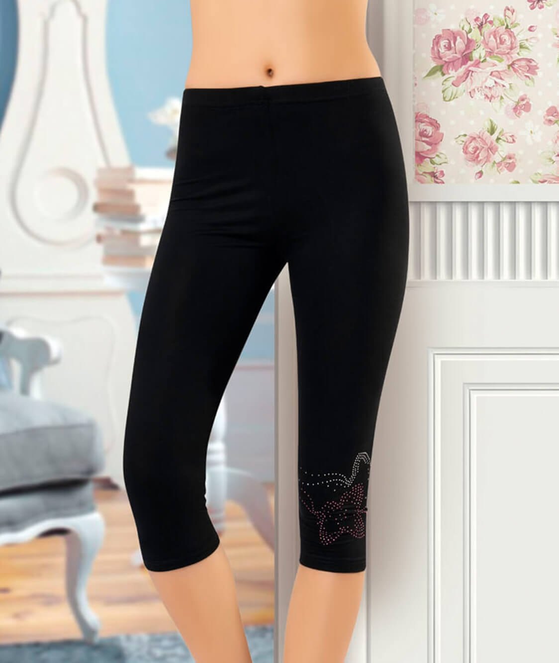 Yüksek Bel Nakışlı Kapri Tayt Derya 428 - Siyah