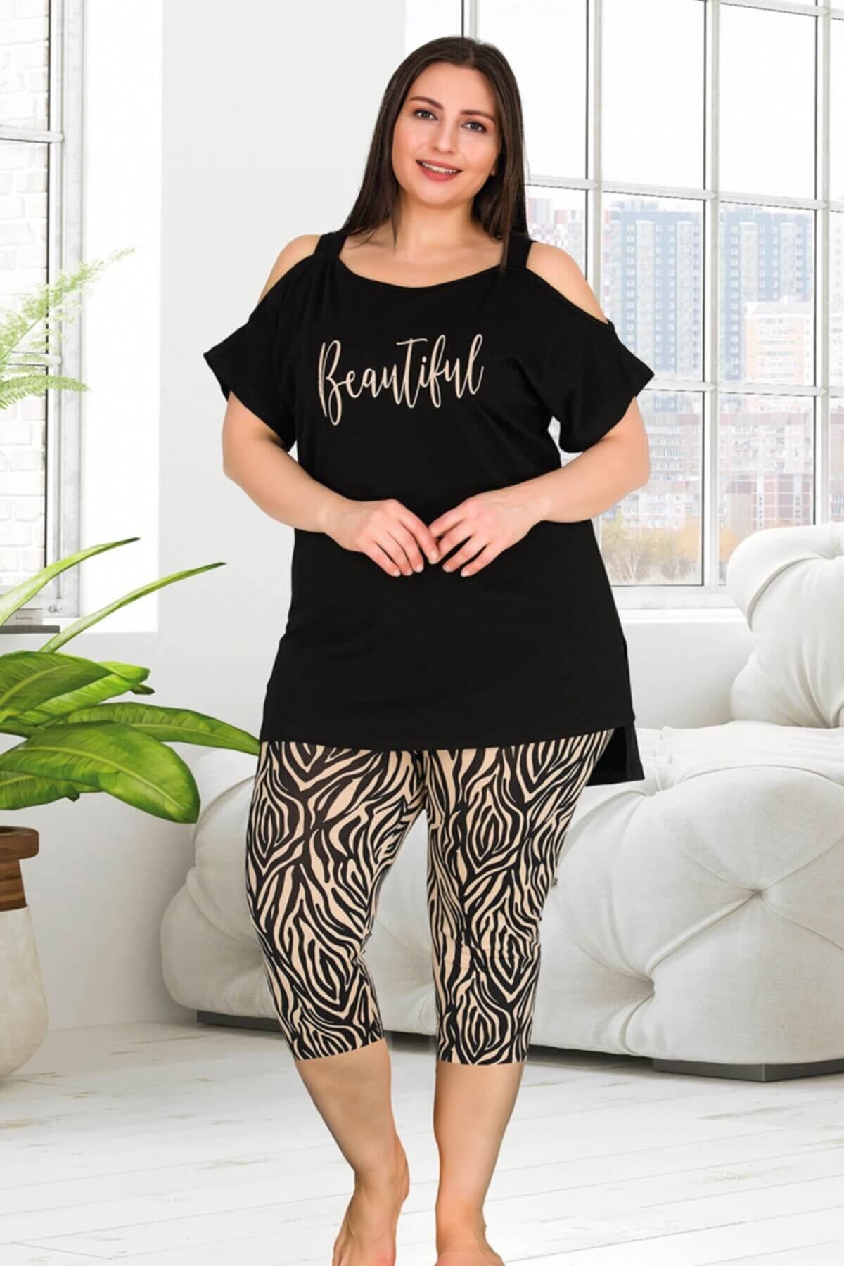 Leopar Desen Omuz Dekolte Kapri Pijama Takımı Lady 10563 - Siyah