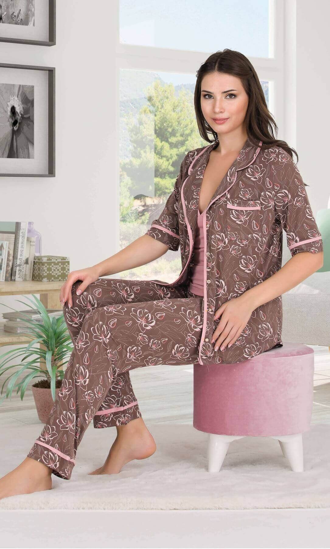 Kahverengi Önden Düğmeli Pijama Atlet Takımı Lady 20008 - Kahverengi