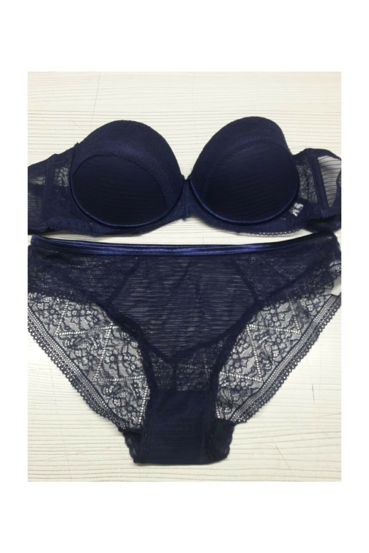Straplez Push-Up Sütyen Bikini Külot Takımı Orkide 1234 - Lacivert