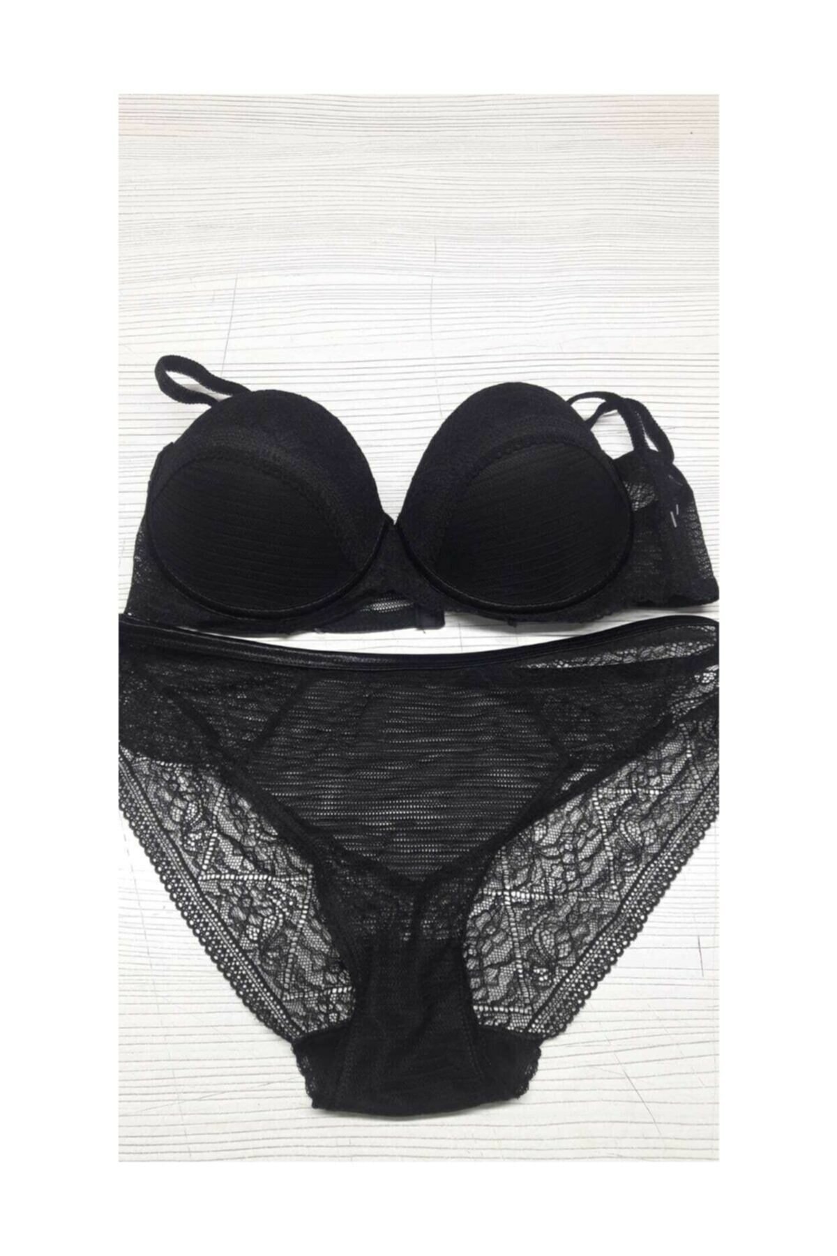 Straplez Push-Up Sütyen Bikini Külot Takımı Orkide 1234 - Siyah