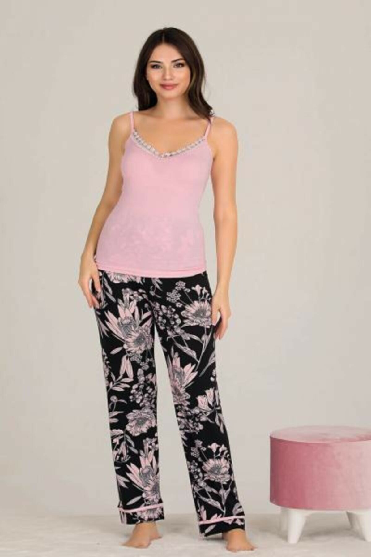 Pembe Çiçek Desenli Askılı 3'lü Pijama Takımı Lady 20001 - Pembe