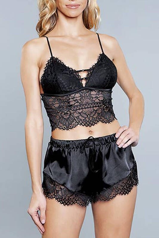 Saten Dantel Detaylı Bralet Sütyen Şort Takım For Dreams 8299 - Siyah