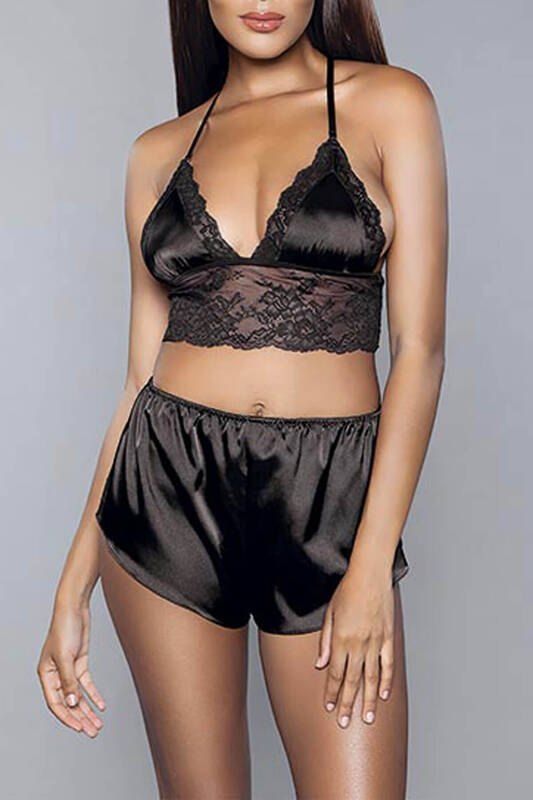 Saten Dantel Detaylı Bralet Şort Takımı For Dreams 8308 - Siyah