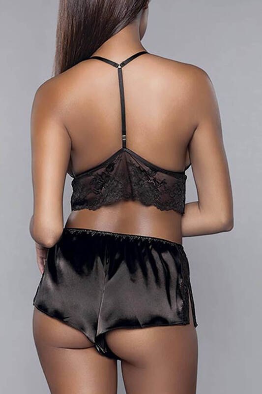 Saten Dantel Detaylı Bralet Şort Takımı For Dreams 8308 - Siyah