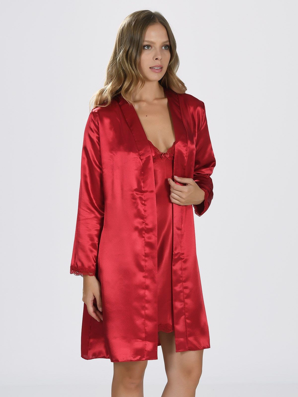 Bordo Saten Gecelik Sabahlık Takımı NBB 3345 - Bordo