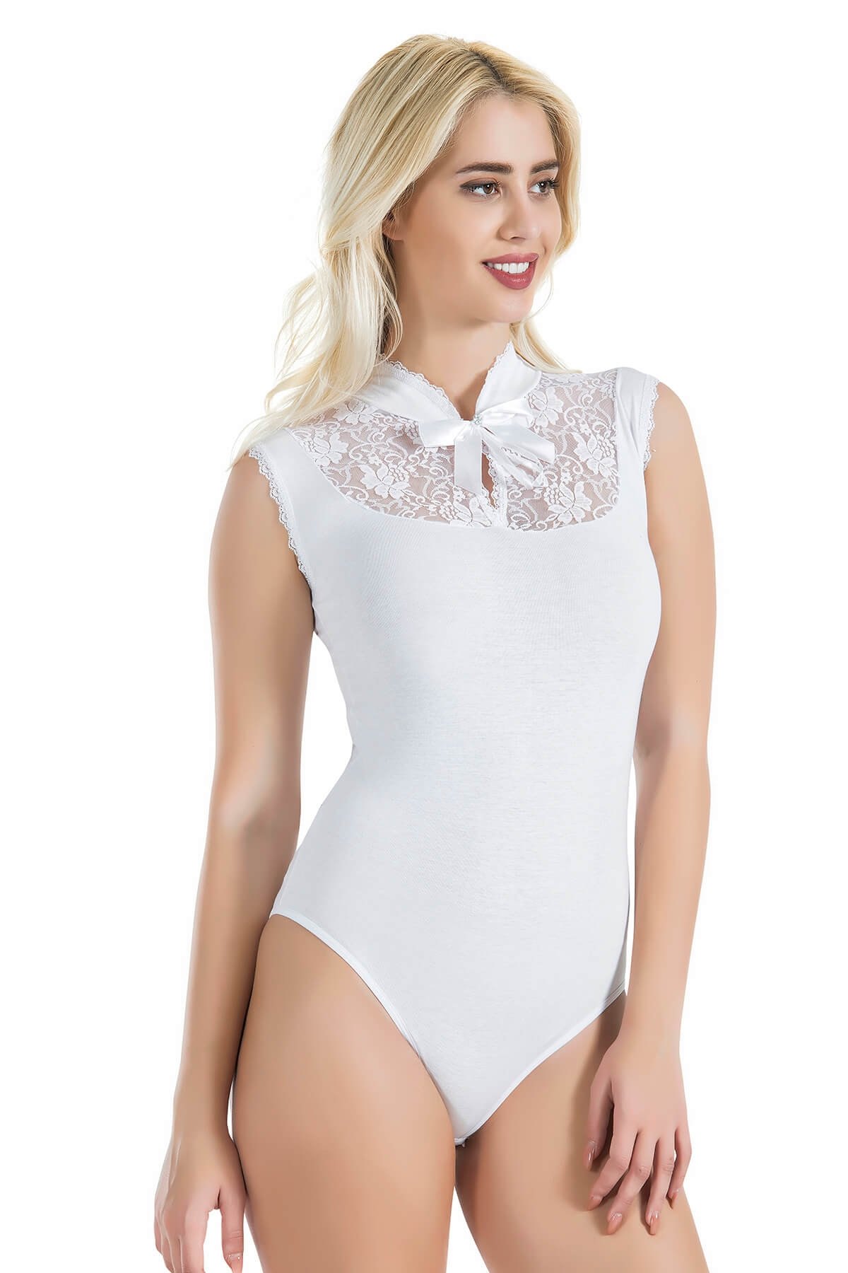 Sıfır Kol Dantel Detaylı Body Derya Kurşun 336 - Beyaz