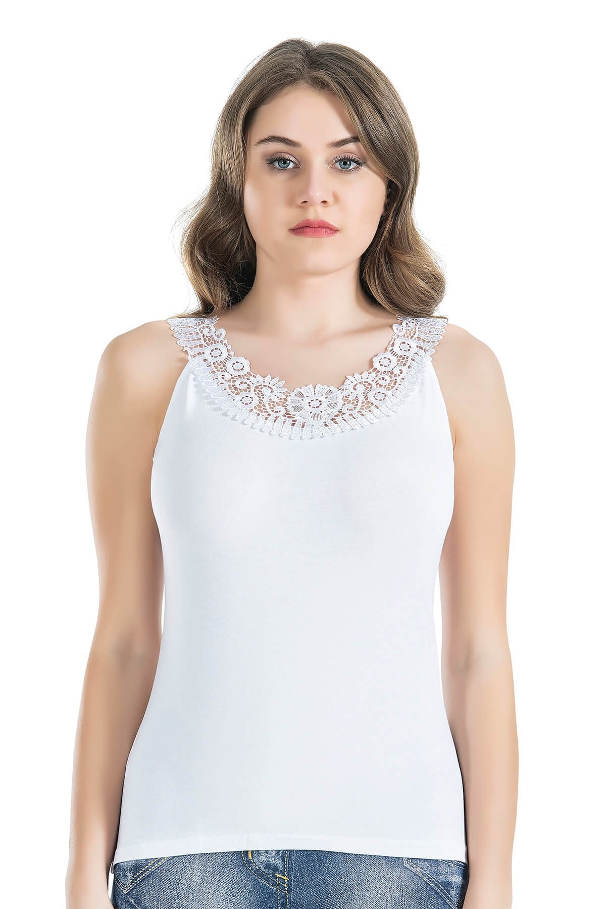 Sıfır Kol Güpür Yaka Body Derya 299 - Beyaz