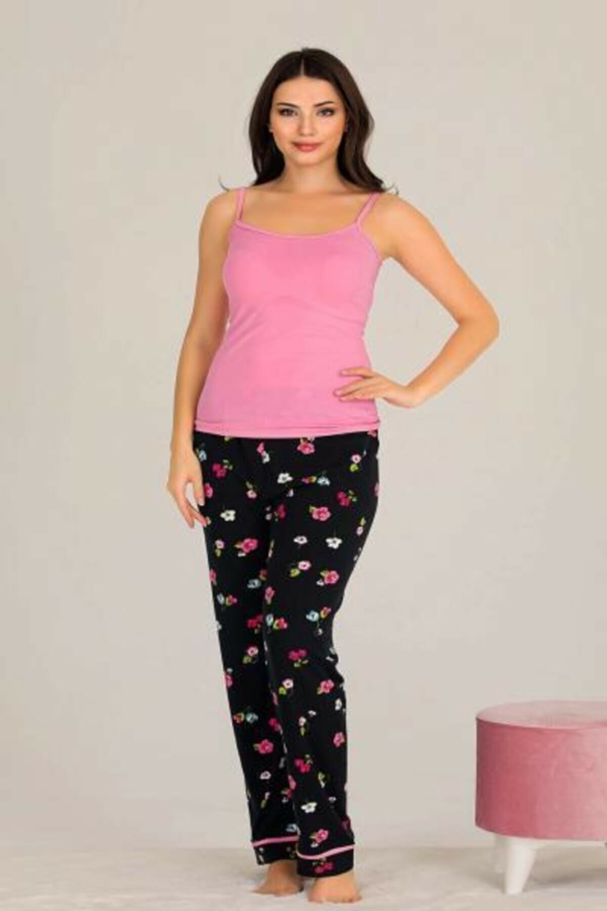 Siyah Çiçek Desenli Pamuklu Pijama Takımı Lady 20003 - Siyah
