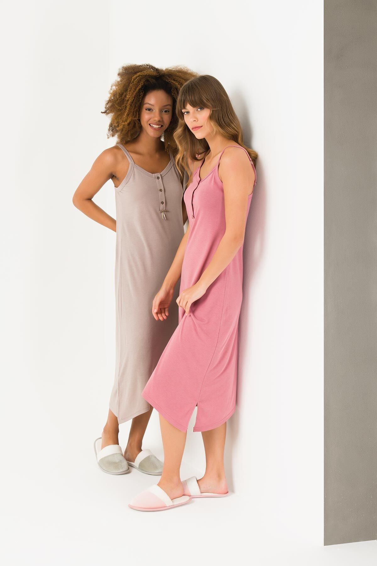 Uzun Askılı Penye Gecelik Somon Vizon Yeni İnci 1716 - Vizon