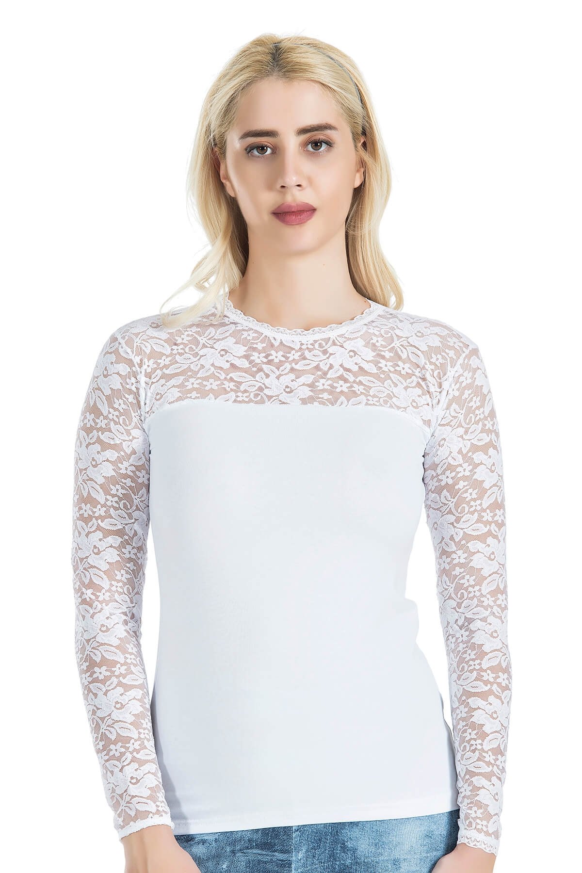 Uzun Kollu Dantel Detaylı Body Derya 243 - Beyaz