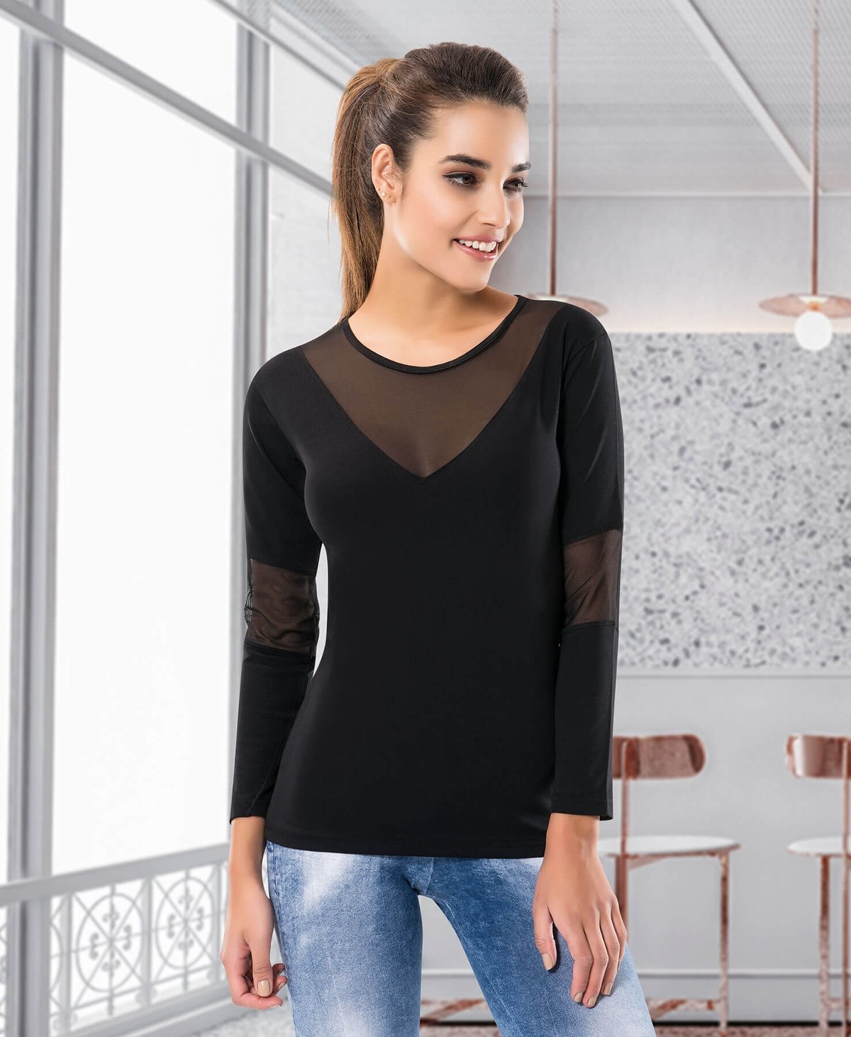 Uzun Kol Esnek Tek Parça Body Derya Kurşun 124 - Siyah