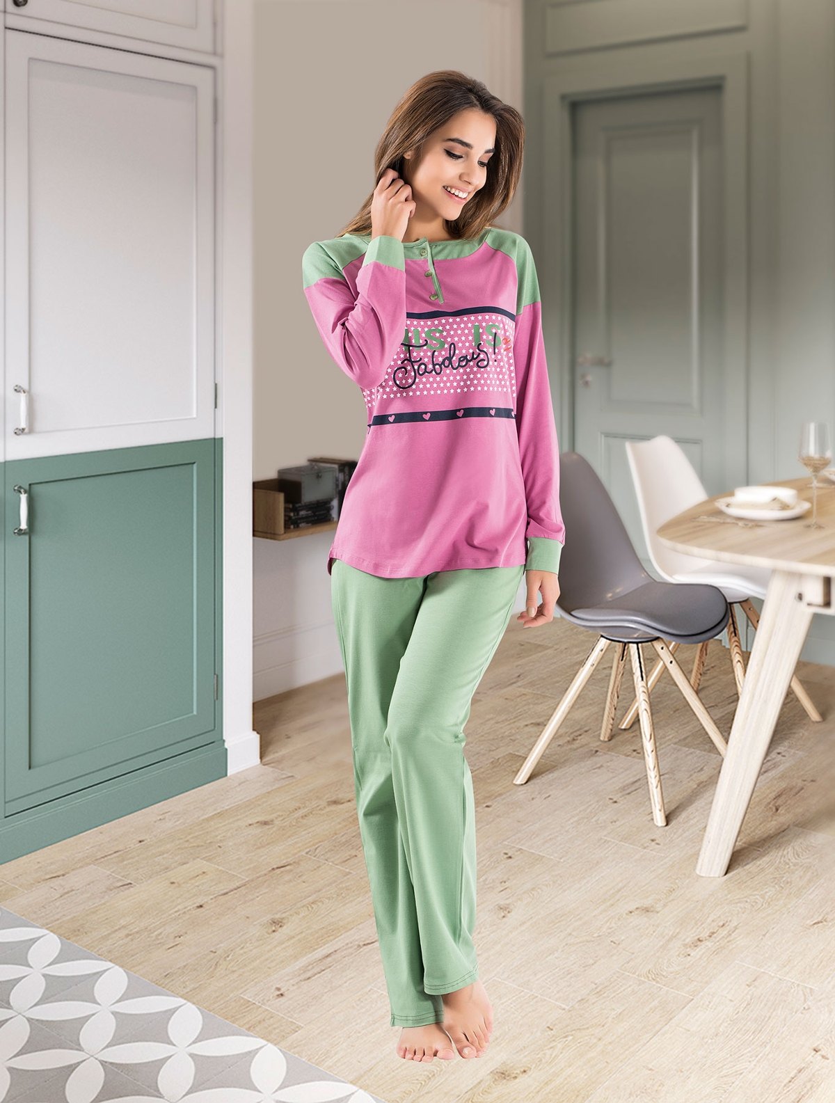 Derya Kurşun Uzun Kol Kadın Pijama Takımı Çok Renkli Derya 1120 - Görsel 2