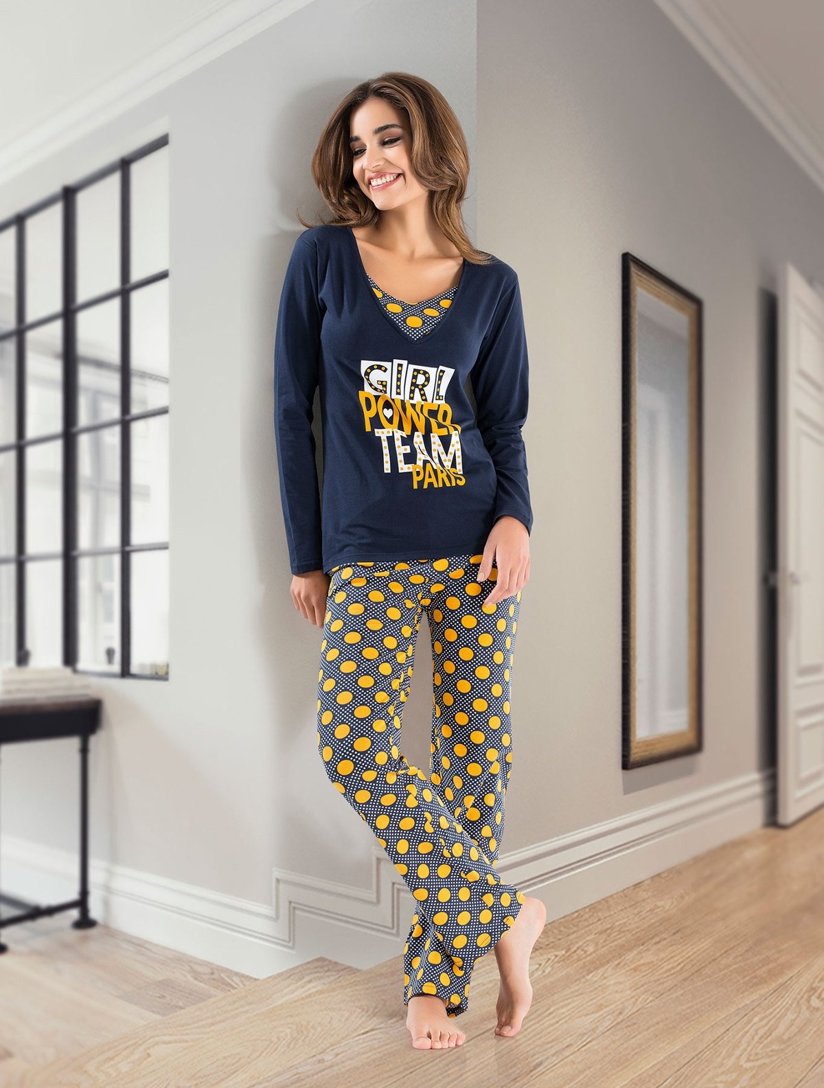 V Yaka Uzun Kollu Kadın Pijama Takımı Kurşun Derya 1104 - Çok Renkli