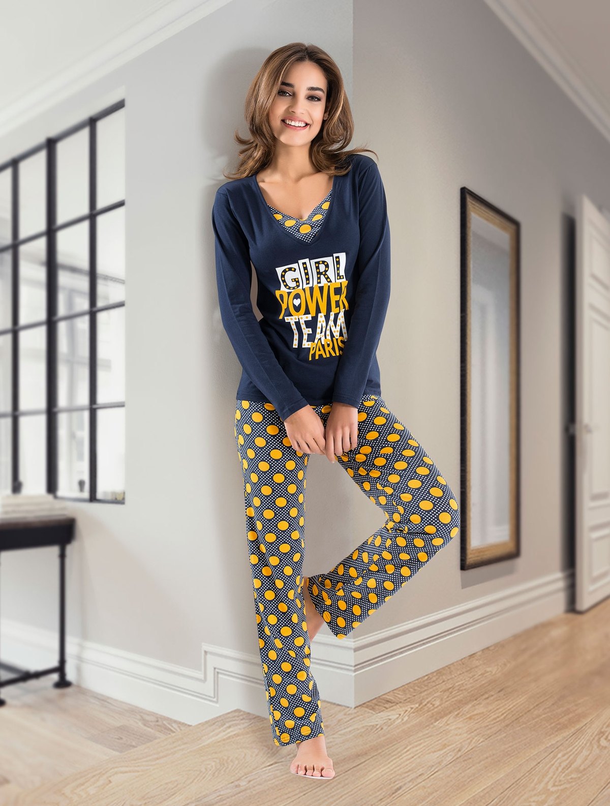 V Yaka Uzun Kollu Kadın Pijama Takımı Kurşun Derya 1104 - Çok Renkli