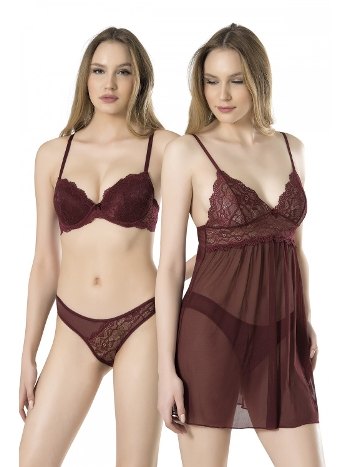 Dantelli Transparan Gecelik Sütyen Takım Fabony 4100