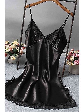 Dantelli Kısa Saten Gecelik Merry See MS2331-Siyah