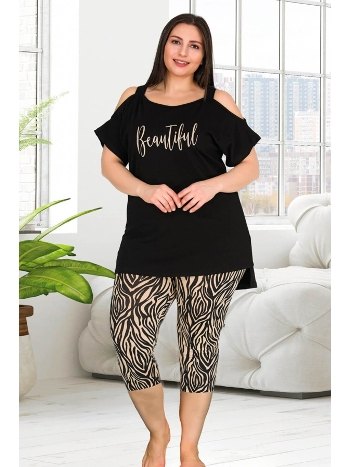 Leopar Desen Omuz Dekolte Kapri Pijama Takımı Lady 10563