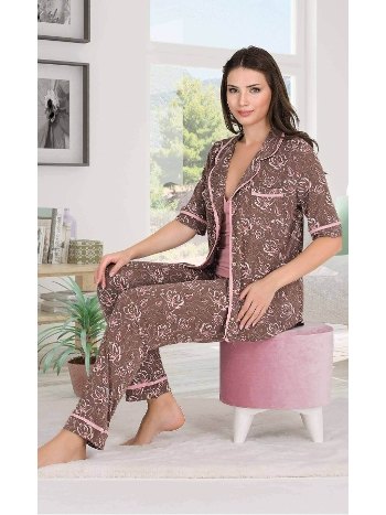 Kahverengi Önden Düğmeli Pijama Atlet Takımı Lady 20008
