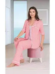 Puantiyeli Düğmeli Pijama Takımı Kadın Lady 20011