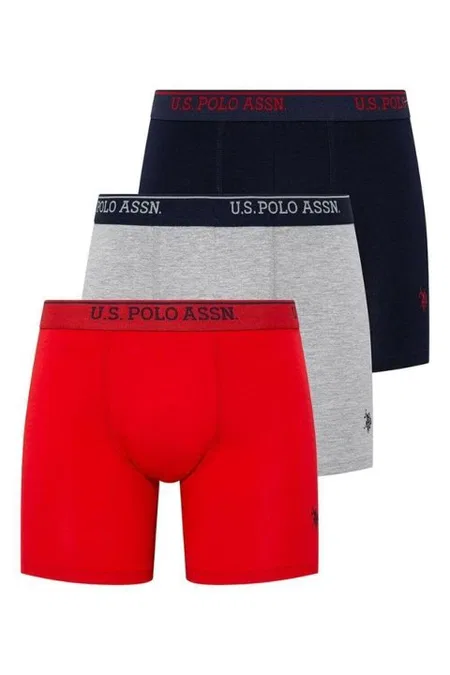 Pamuklu Esnek Bel Lastiği 3 Lü Uzun Paçalı Boxer U.S. Polo Assn. 80454 - Gri-Lacivert-Kırmızı