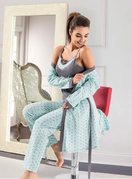 Kuşaklı Pamuklu 3lü Gecelik Sabahlık Takım Derya 1041 - Mint Yeşili