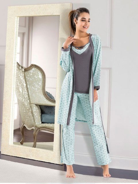 Kuşaklı Pamuklu 3lü Gecelik Sabahlık Takım Derya 1041 - 2