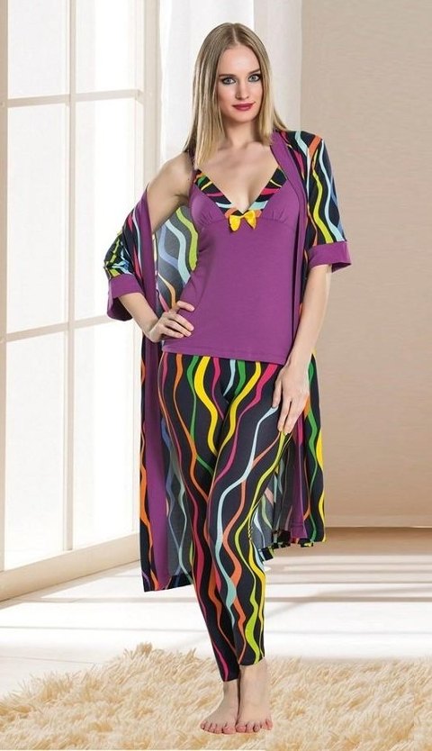 Lady Çiçek Desenli Pamuklu Pijama Takım Sabahlık Seti Lady 538 - Görsel 2