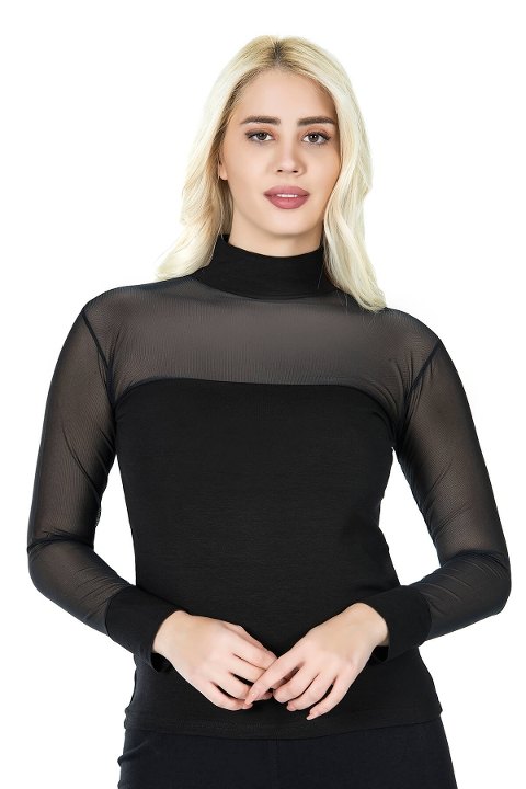 Balıkçı Yaka Transparan Kadın Body Derya Kurşun 296 - Siyah