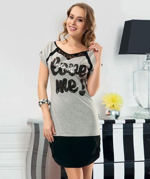 Baskılı Yarım Kol Kadın Tunik Gri Derya 919