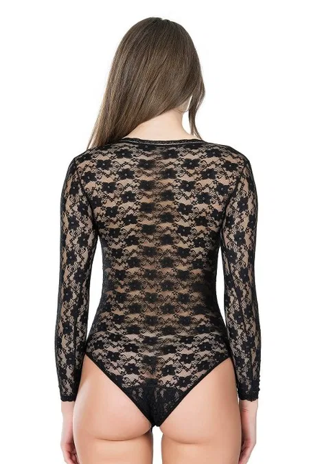 Dantel Detaylı Bisiklet Yaka Çıtçıtlı Body Derya Kurşun 327 - Siyah