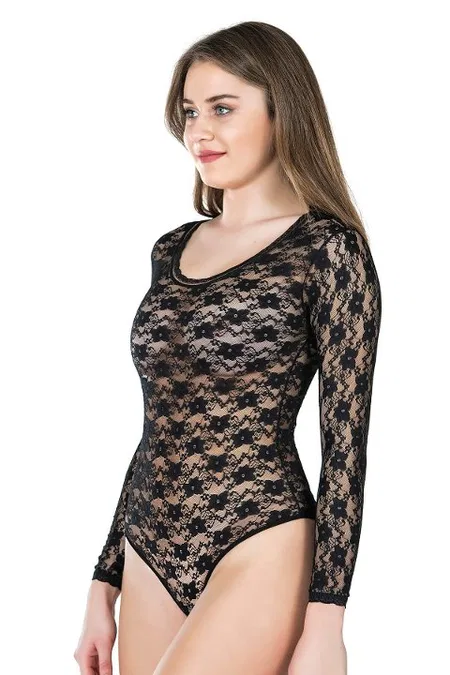 Dantel Detaylı Bisiklet Yaka Çıtçıtlı Body Derya Kurşun 327 - Siyah