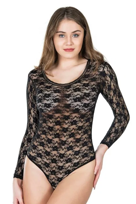 Dantel Detaylı Bisiklet Yaka Çıtçıtlı Body Derya Kurşun 327 - Siyah