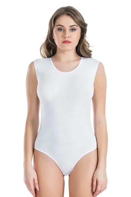 Bisiklet Yaka Kolsuz Çıtçıtlı Kadın Body Derya Kurşun 318 - Beyaz
