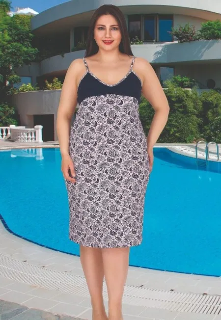 İnce Askılı Şal Desenli Büyük Beden Gecelik Lady 8841 - Lacivert