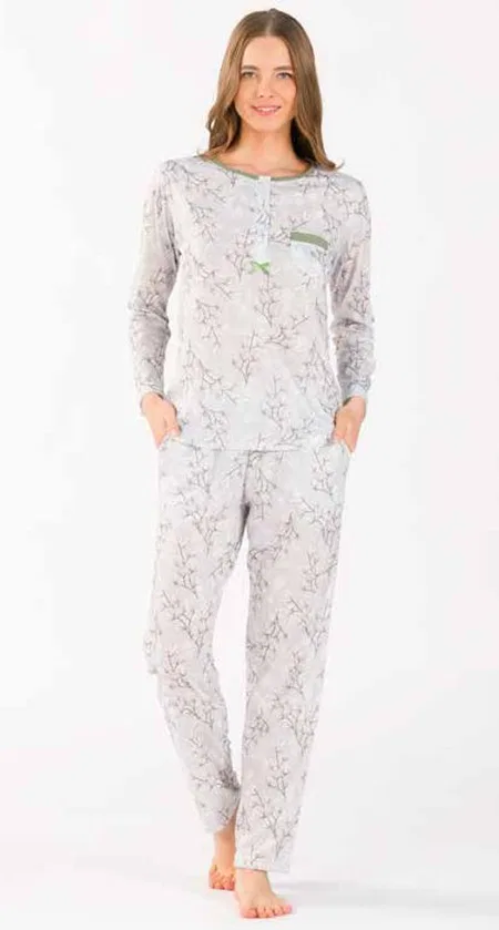 Yeni İnci Çiçek Desenli Pamuklu Uzun Kollu Pijama Takımı Yeni İnci 1755 - Görsel 2