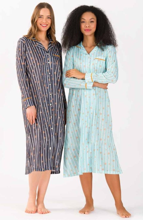 Yeni İnci Çizgili Pamuklu Uzun Kollu Kadın Gecelik Yeni İnci 1747