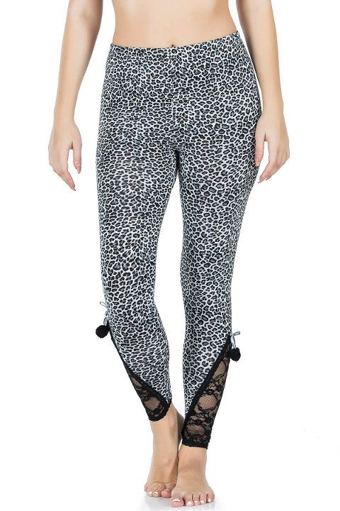 Dantel Paça Leopar Yüksek Bel Kadın Tayt Derya 436