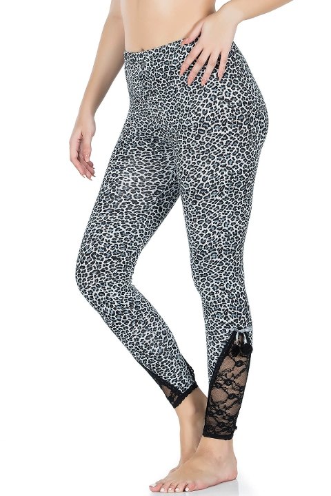 Dantel Paça Leopar Yüksek Bel Kadın Tayt Derya 436 - Leopar