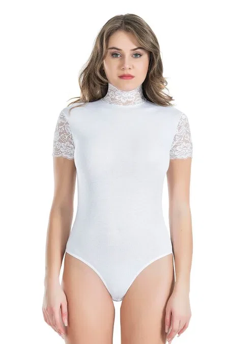 Dantel Detaylı Balıkçı Yaka Body Derya 330 - Beyaz