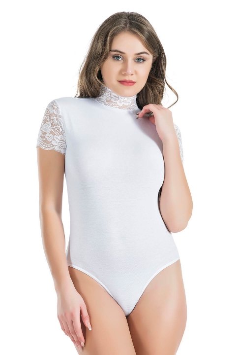 Dantel Detaylı Balıkçı Yaka Body Derya 330 - Beyaz
