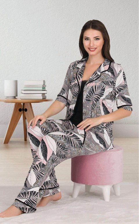 Desenli Düğmeli Pijama Atlet 3 lü Takım Siyah Lady 20017