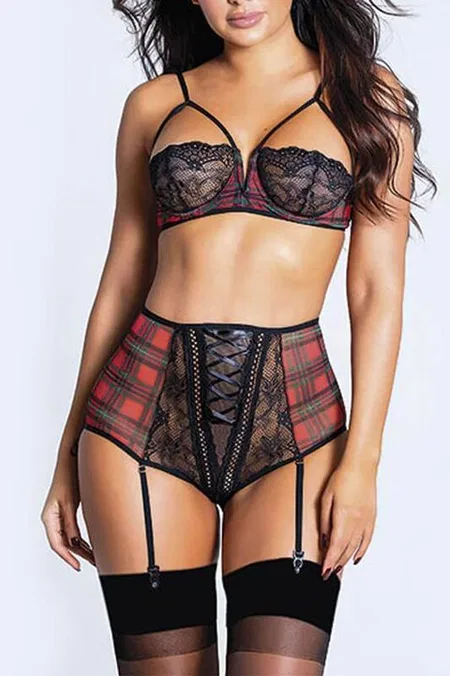 Ekose Desenli Dantelli Sütyen Takımı For Dreams 8271 - Siyah