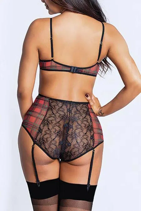 Ekose Desenli Dantelli Sütyen Takımı For Dreams 8271 - Siyah