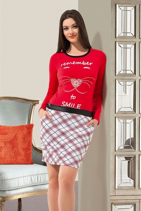 Ekose Desenli Kadın Gecelik Derya Kurşun 946 - Kırmızı